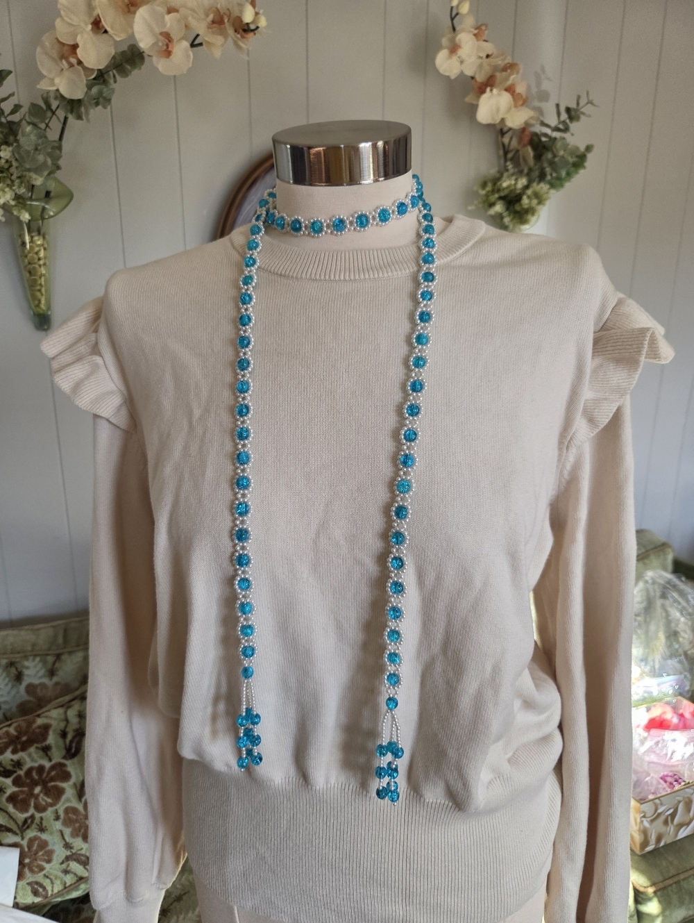 Vintage Handmade Turquoise and White Beaded Lariat Necklace - Women Jewelry